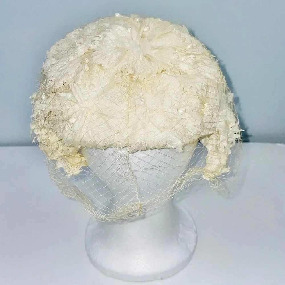 Vintage 50s 60s Crown Ivory Hat Net Floral Pearls Bridal Dance Costume Theatre